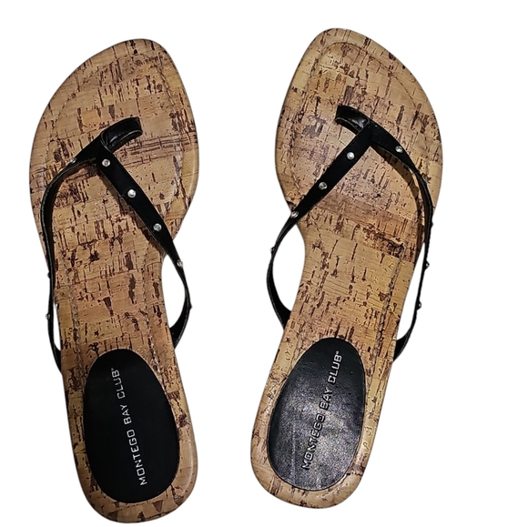 Montego Bay Club Black Wedge Sandals Women’s 8.5 Cork Heel Flip Flop Slides - Picture 7 of 7